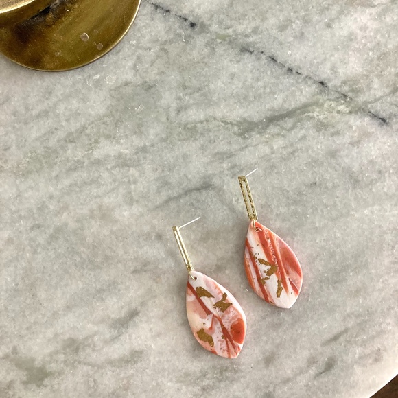 Gold Foil Flecked Polymer Clay Drop Pink and Gold Earrings - Picture 2 of 4